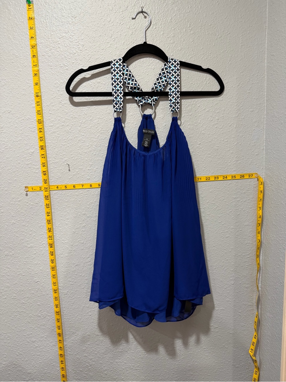 White House Black Market Blue Halter Blouse Geometric Strap Tank Size M
